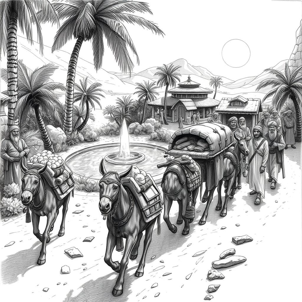 A captivating black and white drawing depicting a caravan of mules and dwarves approaching a thriving oasis, ready to trade with Arab-like humans