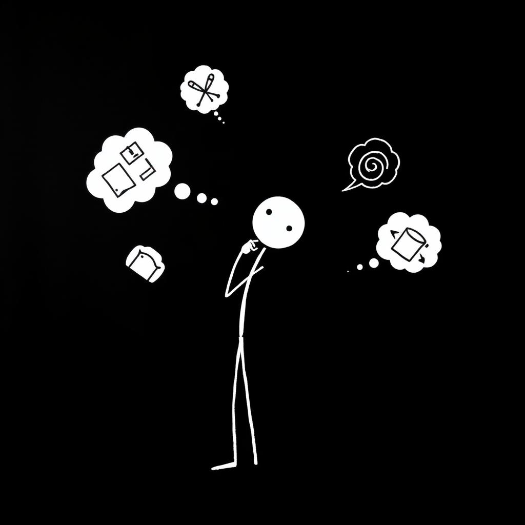 A white stick man deep in thought, depicted against a rich black background