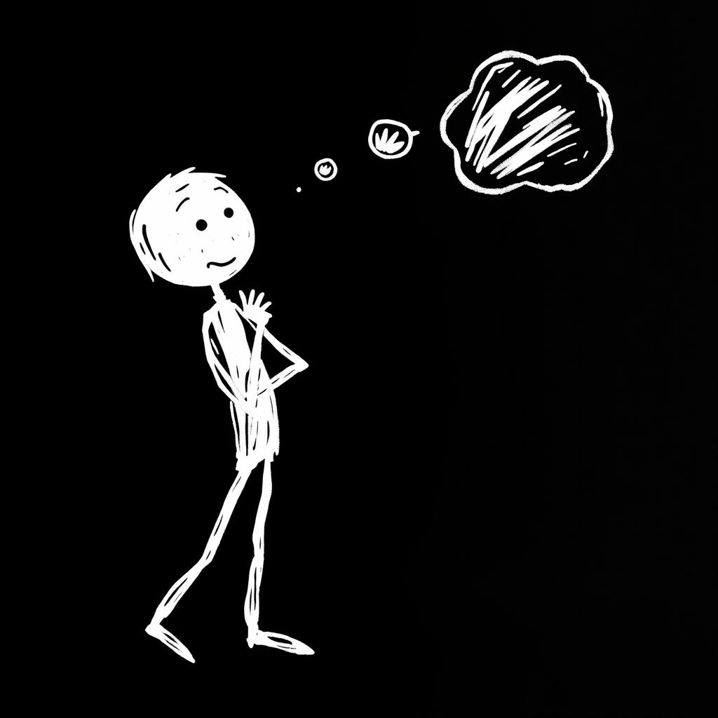 A rough, hand-drawn white stick man in a thinking pose, set against a solid black background