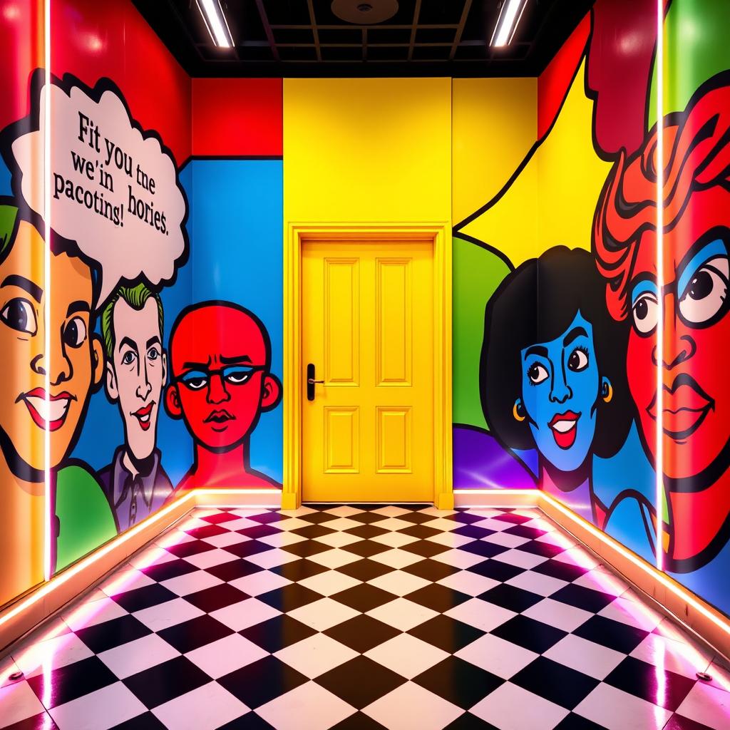 A vibrant and bold entrance designed in a pop art theme, featuring large, colorful geometric shapes and iconic comic book style graphics