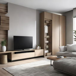 A modern living room with a large, sleek TV mounted on a tastefully designed wall, adjacent to a stylish closet to the right.