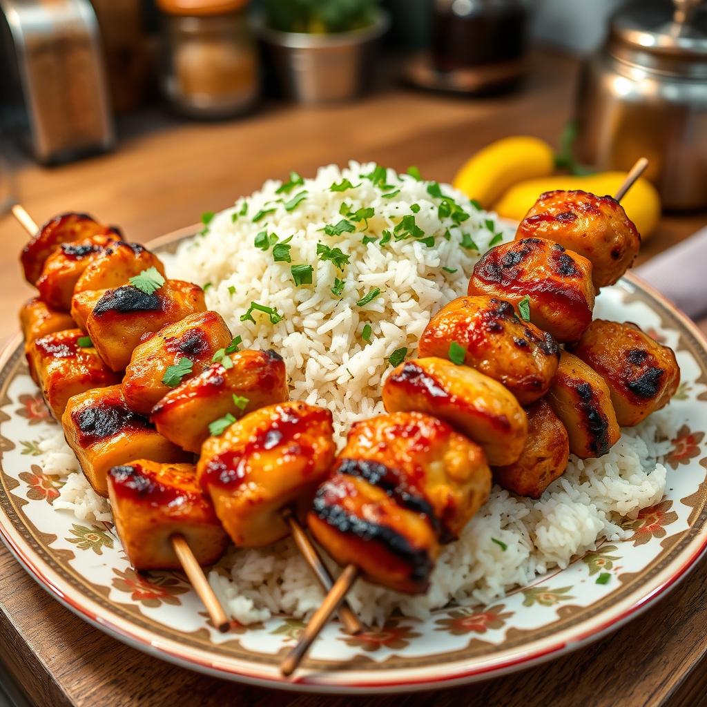 A vibrant and appetizing plate of rice, artistically arranged with skewers of kebab and tawook