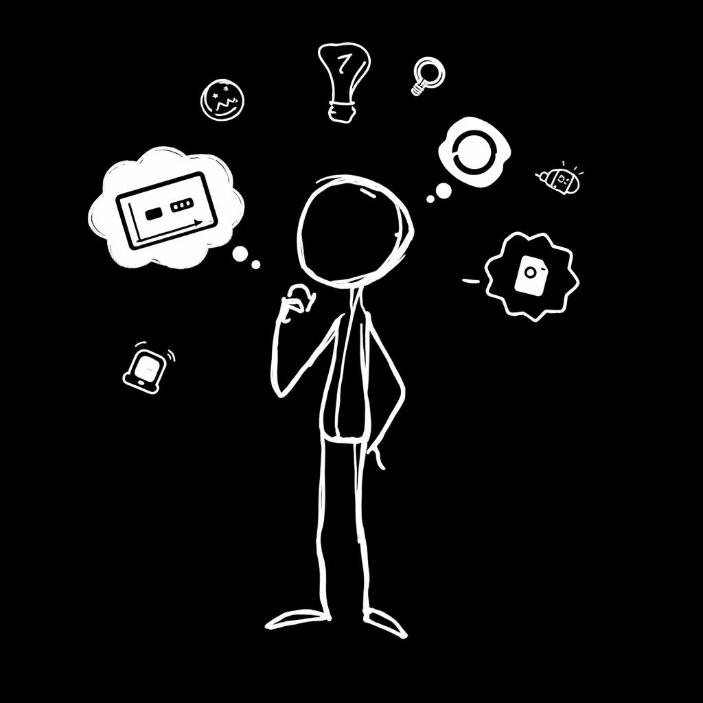 A rough, hand-drawn white stick man engaging in deep thought, set against a bold black background