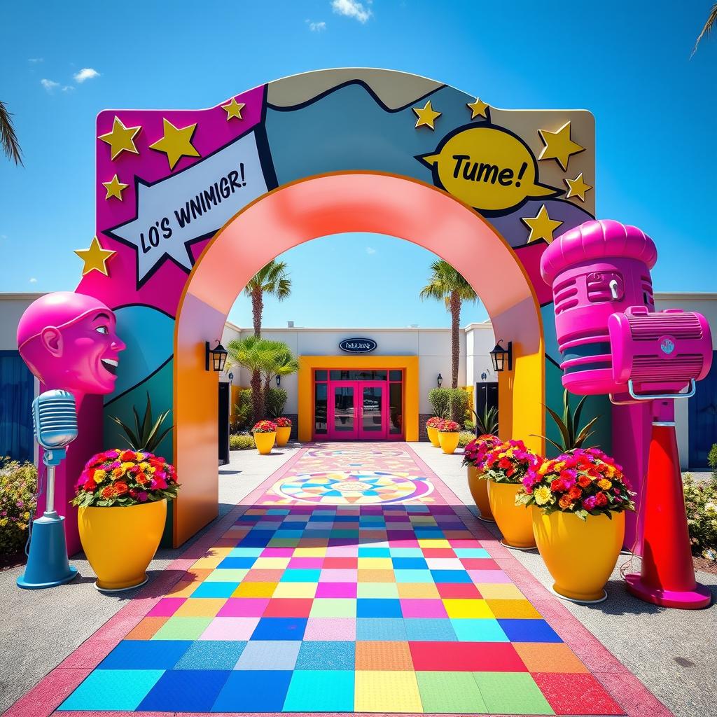 An outdoor entrance designed in a pop art theme, featuring a large, eye-catching archway with bright, bold colors such as hot pink, electric blue, and sunny yellow