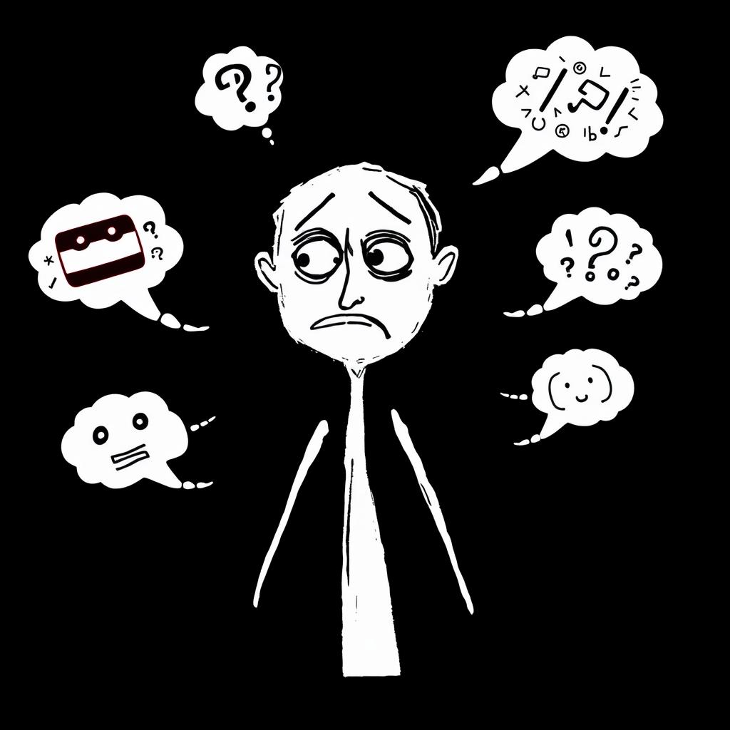 A rough, hand-drawn white stick man displaying a series of confusing expressions, set against a solid black background