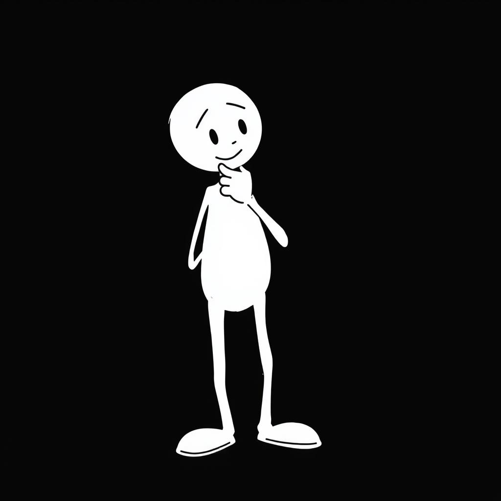 A simple yet expressive stick figure character in white, depicted with rough and artistic lines, standing upright with a thoughtful pose on a solid black background