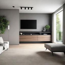 A modern living room with a large, sleek TV mounted on a tastefully designed wall, adjacent to a stylish closet to the right.