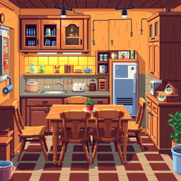 A vibrant and detailed pixel art representation of a kitchen filled with wooden furniture