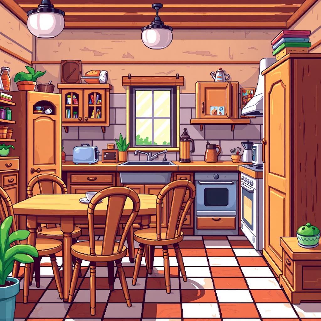 A vibrant and detailed pixel art representation of a kitchen filled with wooden furniture