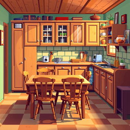 A vibrant and detailed pixel art representation of a kitchen filled with wooden furniture