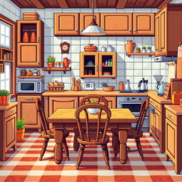 A vibrant and detailed pixel art representation of a kitchen filled with wooden furniture