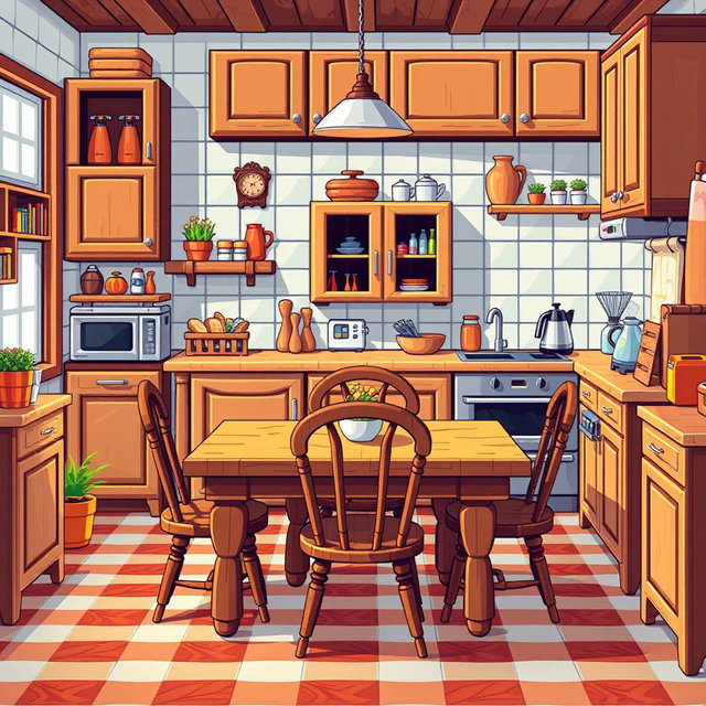 A vibrant and detailed pixel art representation of a kitchen filled with wooden furniture