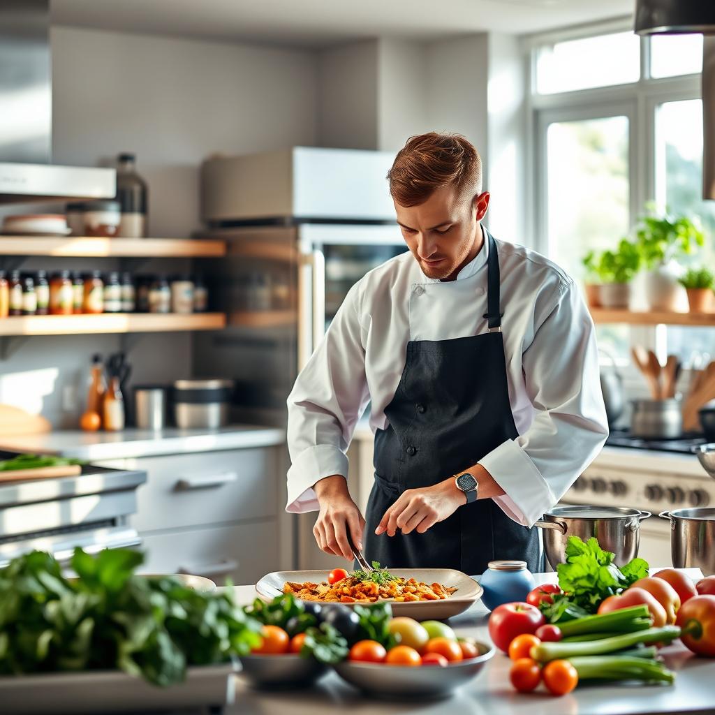 A professional chef in a well-organized kitchen, surrounded by fresh ingredients and cooking tools