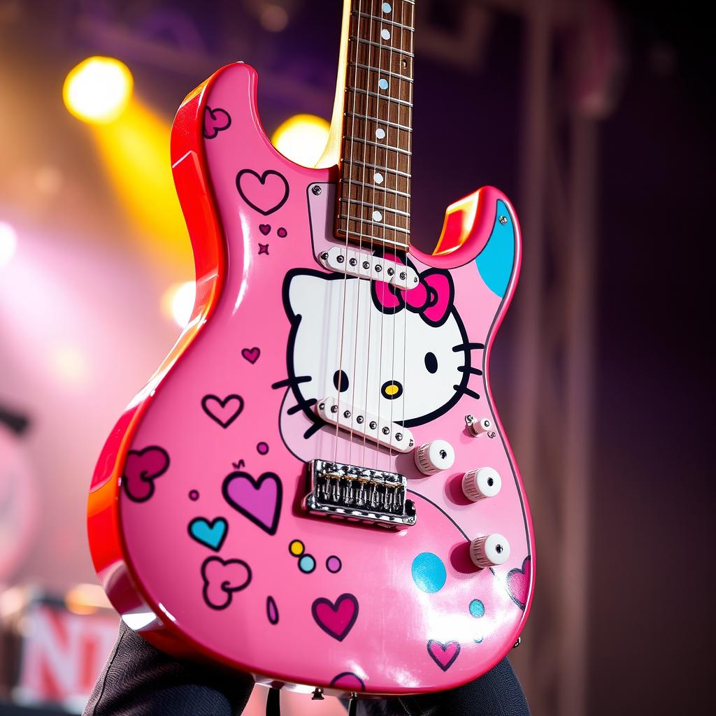 A custom electric guitar featuring a vibrant Hello Kitty design