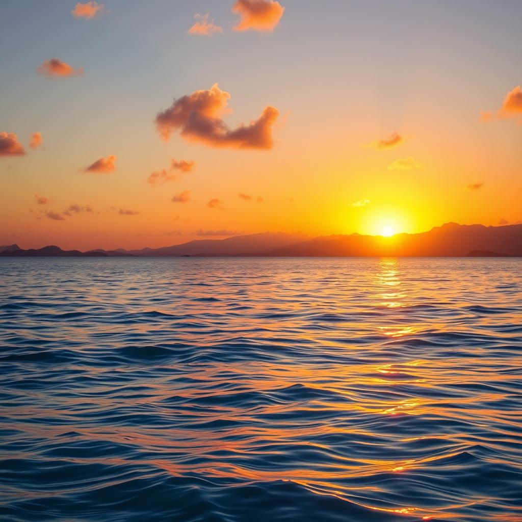 A majestic golden sunset over a serene, crystal-clear ocean, with vibrant orange and pink hues blending together in the sky