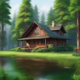 A high-quality digital art piece depicting a serene scene of a house nestled in the heart of a lush forest