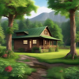 A high-quality digital art piece depicting a serene scene of a house nestled in the heart of a lush forest