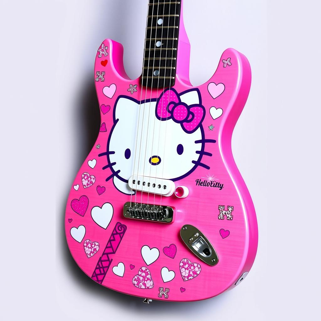 A custom electric guitar featuring a delightful Hello Kitty design, adorned with vibrant colors and playful patterns including hearts