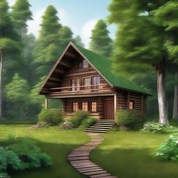 A high-quality digital art piece depicting a serene scene of a house nestled in the heart of a lush forest