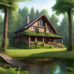 A high-quality digital art piece depicting a serene scene of a house nestled in the heart of a lush forest