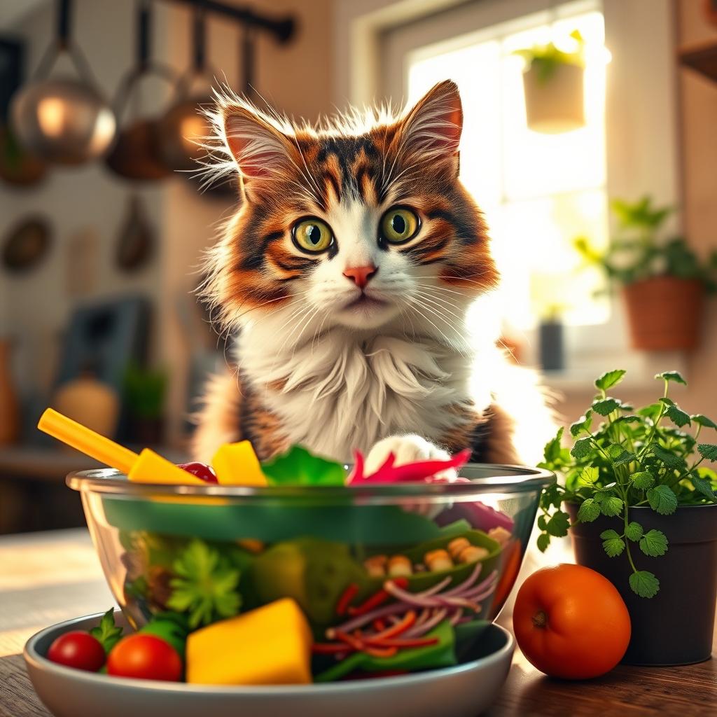 A cozy scene featuring a fluffy, cute cat sitting on a kitchen countertop, curiously peeking over a bowl of vibrant, colorful ingredients like vegetables and spices