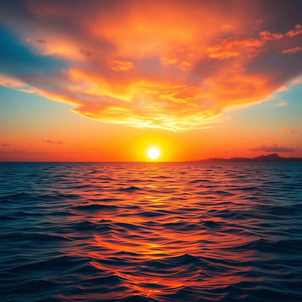 A majestic golden sunset over a serene, crystal-clear ocean, with a breathtaking array of orange, pink, and purple colors painting the sky as the sun descends on the horizon