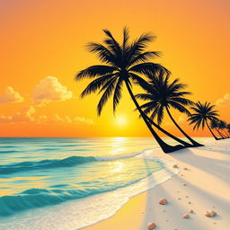 A mesmerizing illustration of a majestic golden sunset illuminating a serene, crystal-clear ocean