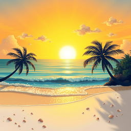 A mesmerizing illustration of a majestic golden sunset illuminating a serene, crystal-clear ocean