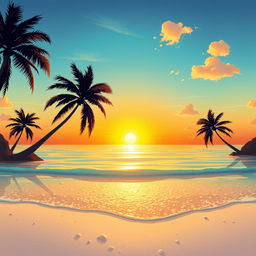 A mesmerizing illustration of a majestic golden sunset illuminating a serene, crystal-clear ocean