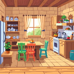 A pixel art depiction of a cozy kitchen filled with wooden furniture
