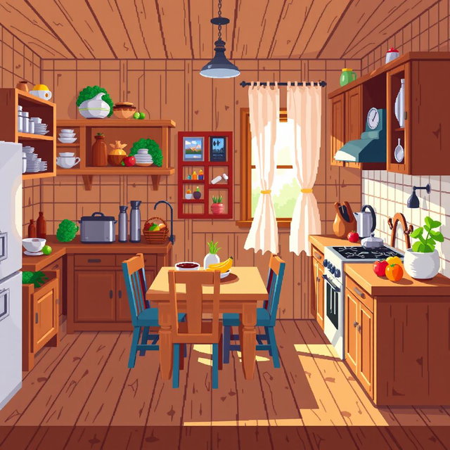 A pixel art depiction of a cozy kitchen filled with wooden furniture