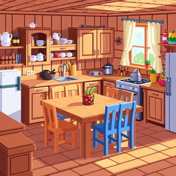 A pixel art depiction of a cozy kitchen filled with wooden furniture