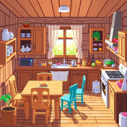 A pixel art depiction of a cozy kitchen filled with wooden furniture