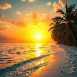 An awe-inspiring portrayal of a majestic golden sunset casting a warm glow over a serene, crystal-clear ocean