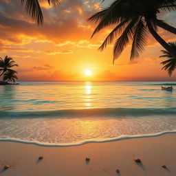 An awe-inspiring portrayal of a majestic golden sunset casting a warm glow over a serene, crystal-clear ocean