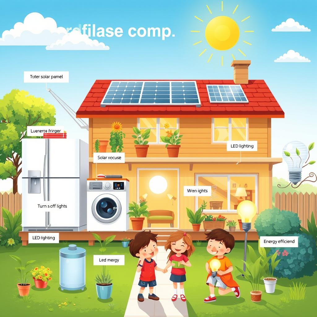 A vibrant and informative illustration depicting various methods for reducing energy consumption in a home