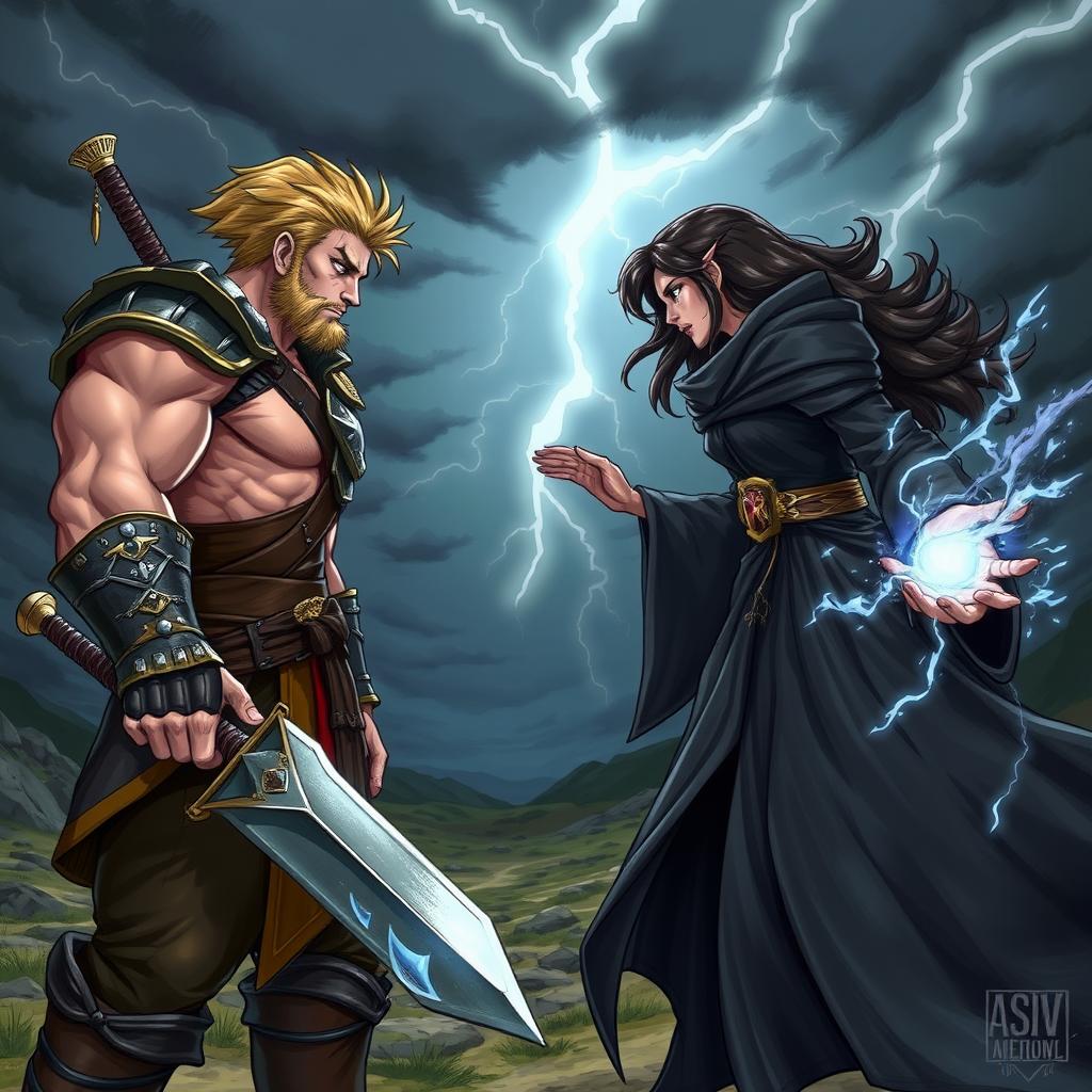 An intense scene depicting two characters facing off against each other as fierce enemies