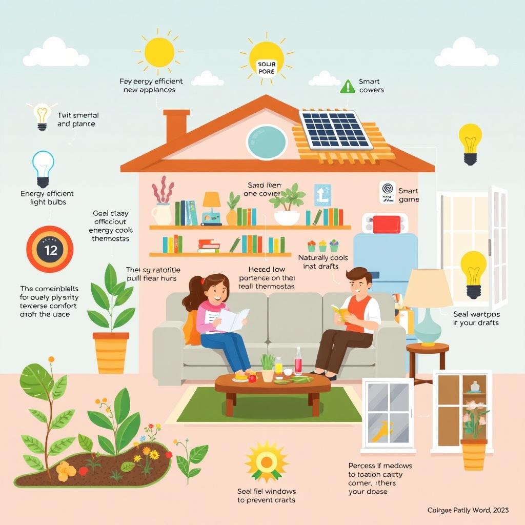 A colorful and informative illustration depicting various energy-saving methods in a home setting