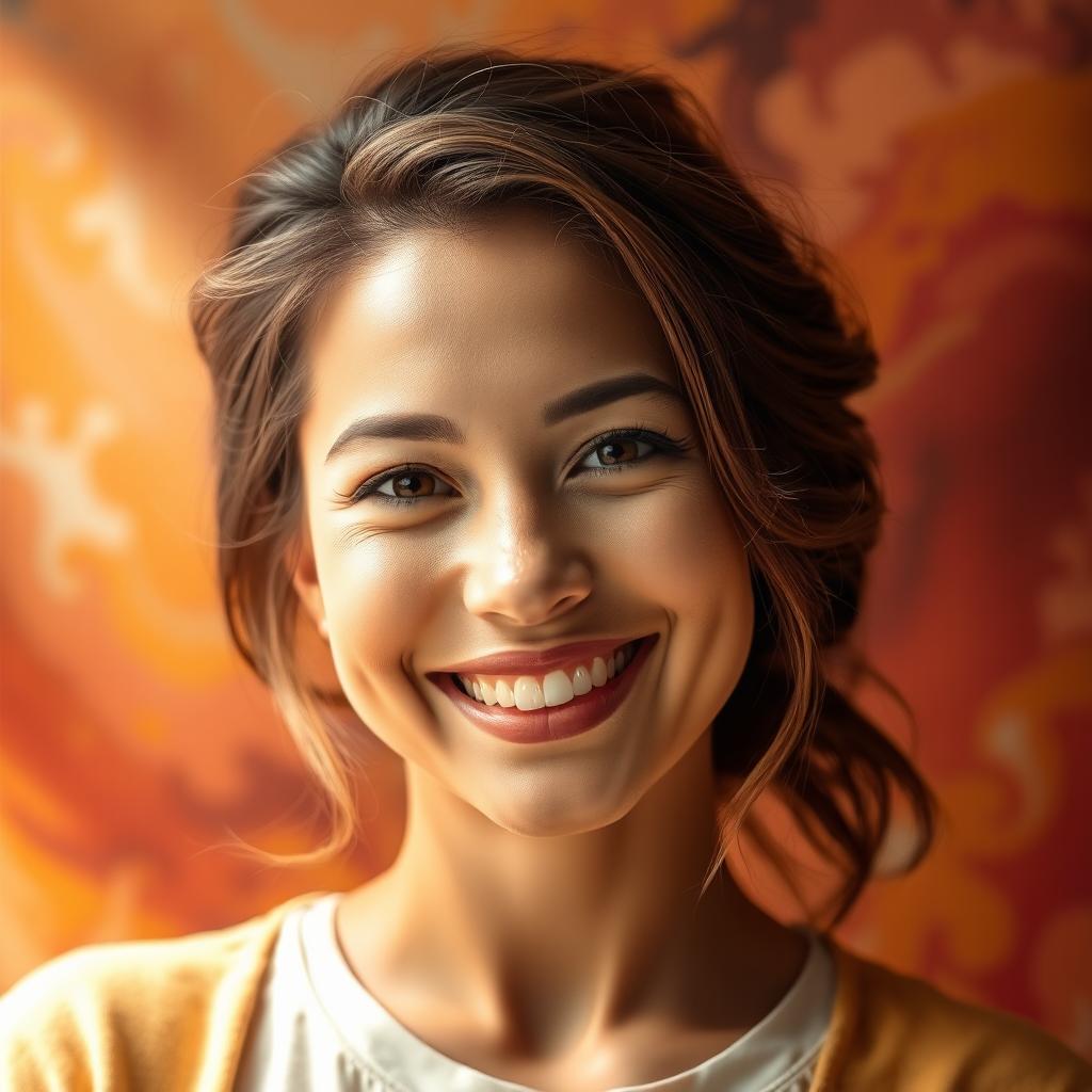 A beautifully edited portrait that emphasizes the vibrant colors and textures of the background while focusing on enhancing the features of a woman with a radiant smile
