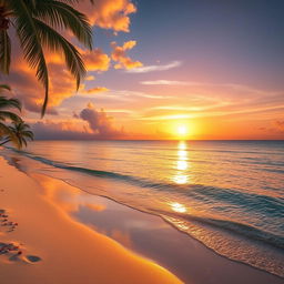 An enchanting scene of a majestic golden sunset unfolding over a serene, crystal-clear ocean