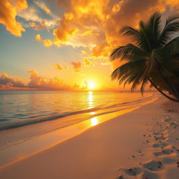 An enchanting scene of a majestic golden sunset unfolding over a serene, crystal-clear ocean