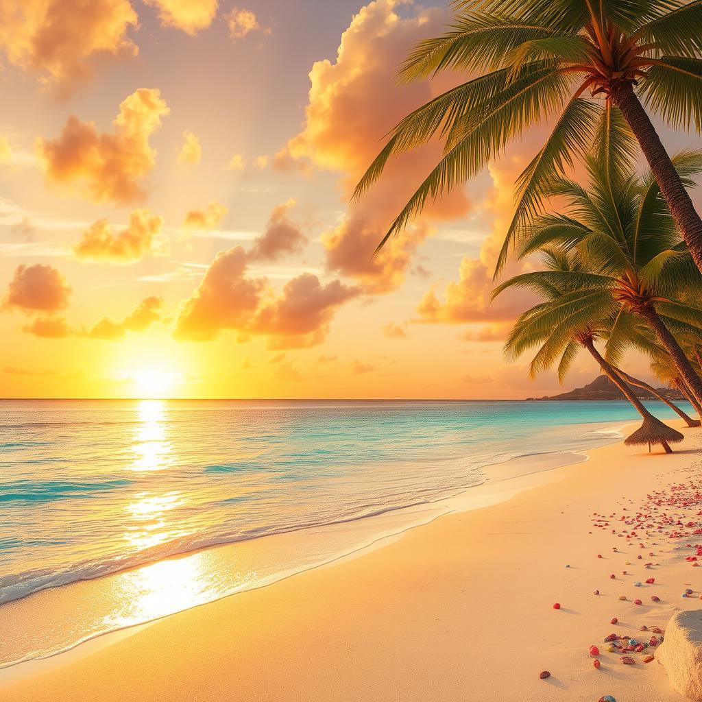 An enchanting scene of a majestic golden sunset unfolding over a serene, crystal-clear ocean