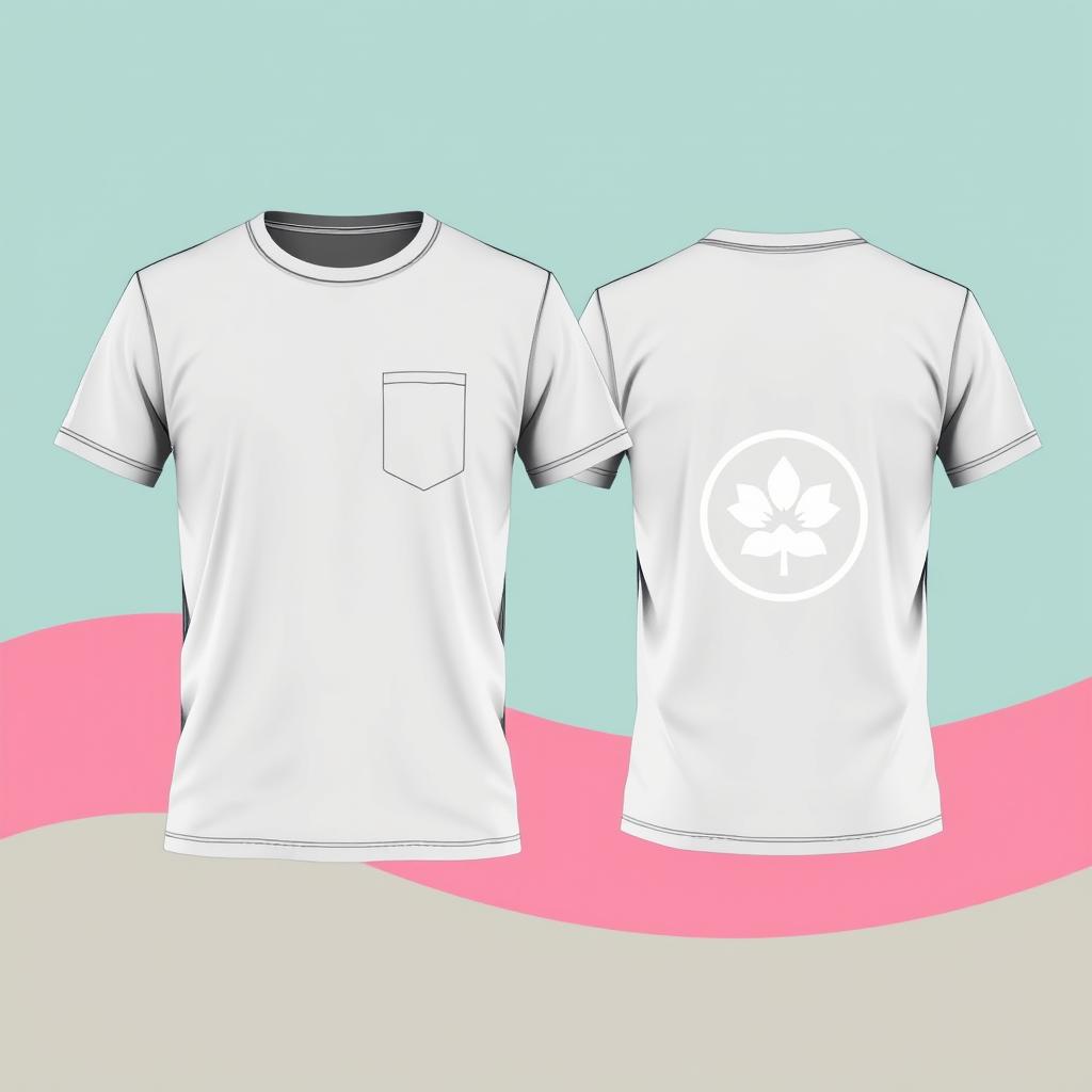 A T-shirt design featuring a logo on the left chest area and on the back, not too large