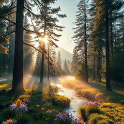 A serene forest landscape at dawn, featuring tall pine trees with dew-covered leaves, a gentle fog hovering low over the ground, and a sparkling river winding through the scene