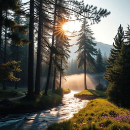 A serene forest landscape at dawn, featuring tall pine trees with dew-covered leaves, a gentle fog hovering low over the ground, and a sparkling river winding through the scene