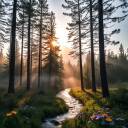 A serene forest landscape at dawn, featuring tall pine trees with dew-covered leaves, a gentle fog hovering low over the ground, and a sparkling river winding through the scene