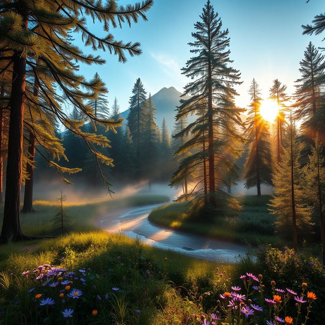 A serene forest landscape at dawn, featuring tall pine trees with dew-covered leaves, a gentle fog hovering low over the ground, and a sparkling river winding through the scene