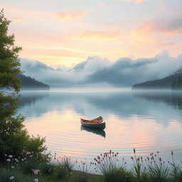 A beautiful, ethereal landscape showcasing a serene lake surrounded by misty mountains