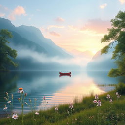 A beautiful, ethereal landscape showcasing a serene lake surrounded by misty mountains