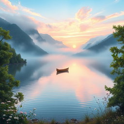 A beautiful, ethereal landscape showcasing a serene lake surrounded by misty mountains